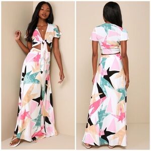 NEW Lulus Daydreaming White Print Two-Piece Maxi Dress Flowy Summer Vacation NWT
